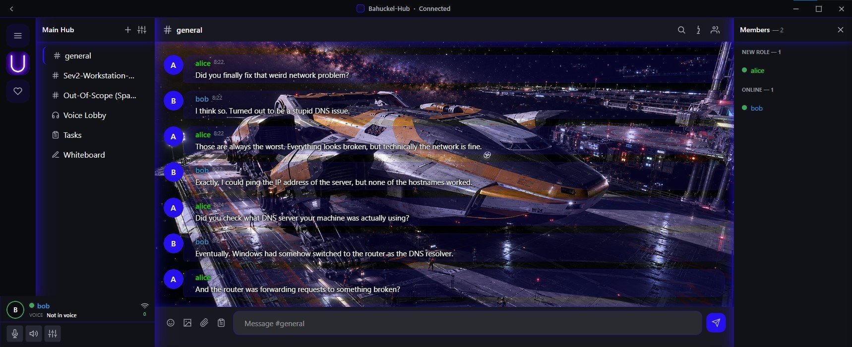 The desktop client in its dark theme, showing a text channel, the channel list and the member list.