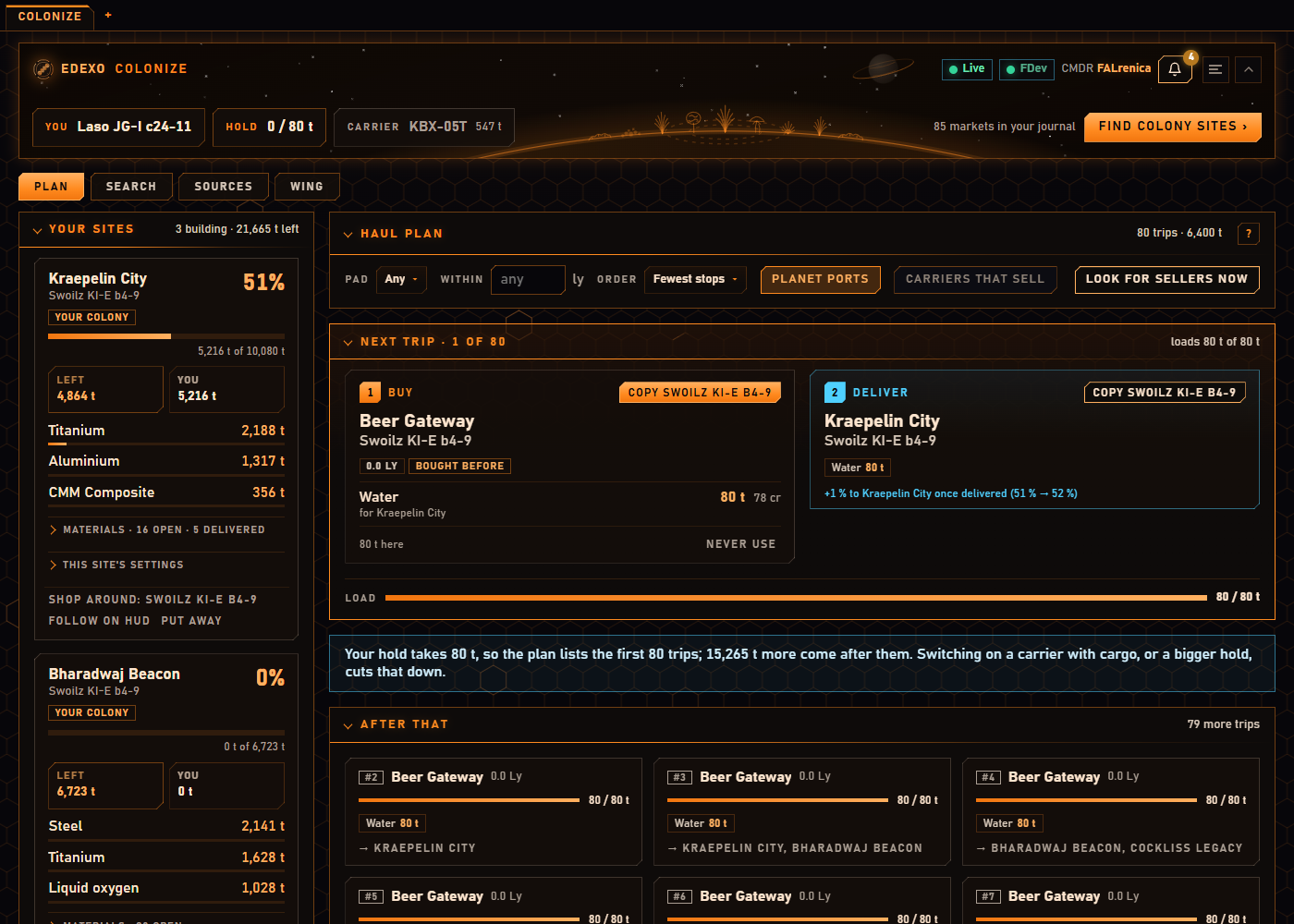 EDEXO Colonize's Plan - three construction sites as cards on the left with what each still needs, and on the right the next haul as two steps, buy 80 t of Water at Beer Gateway and deliver it to Kraepelin City, with the later trips as cards below.