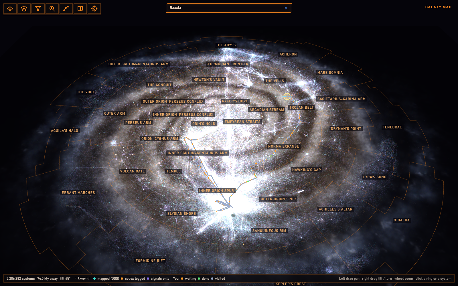 The 3D galaxy map seen at an angle - the whole Milky Way with its named regions and the commander's own route across it, a row of menu icons at the top left and a search box at the top.
