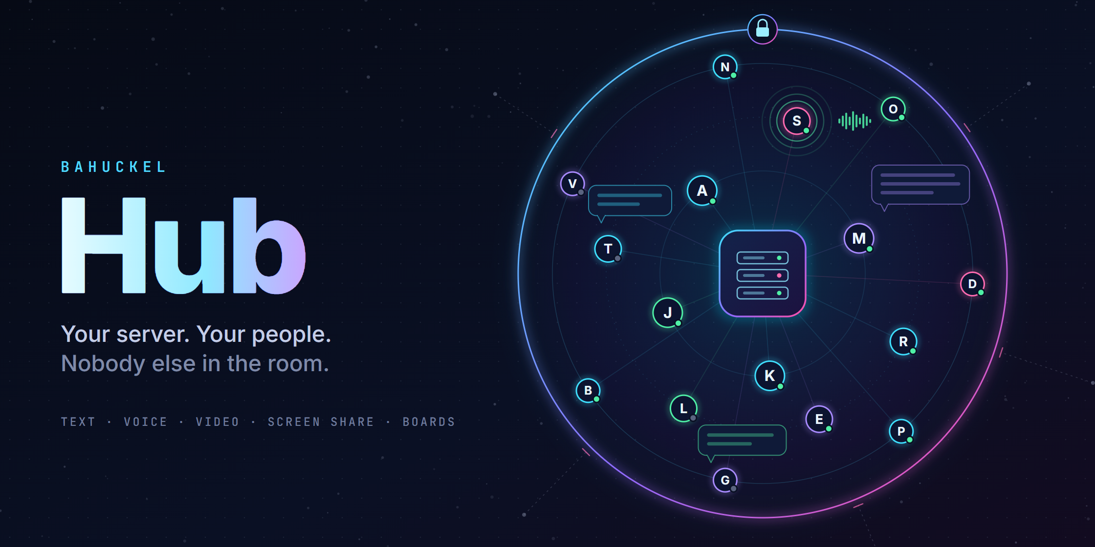 The Hub wordmark beside a server at the centre of a walled circle, its members on rings around it with chat bubbles and one member speaking; outside the wall the rest of the internet is dim and its lines stop at the wall.