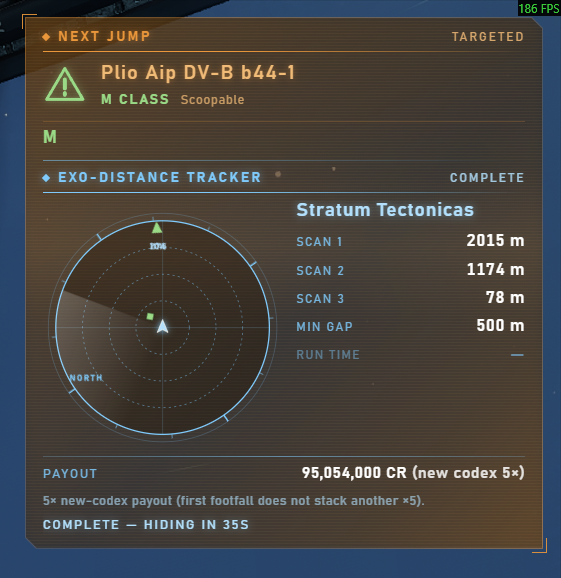 A translucent overlay on top of the game showing the next jump's star class and an exo-distance tracker with a radar, three sample distances and the payout.